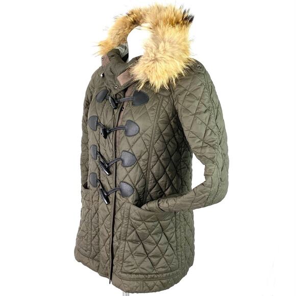 BURBERRY BRIT OLIVE GREEN QUILTED Lansdowne TOGGLE COAT XS W/ REMOVABLE FUR TRIM - Picture 3 of 12